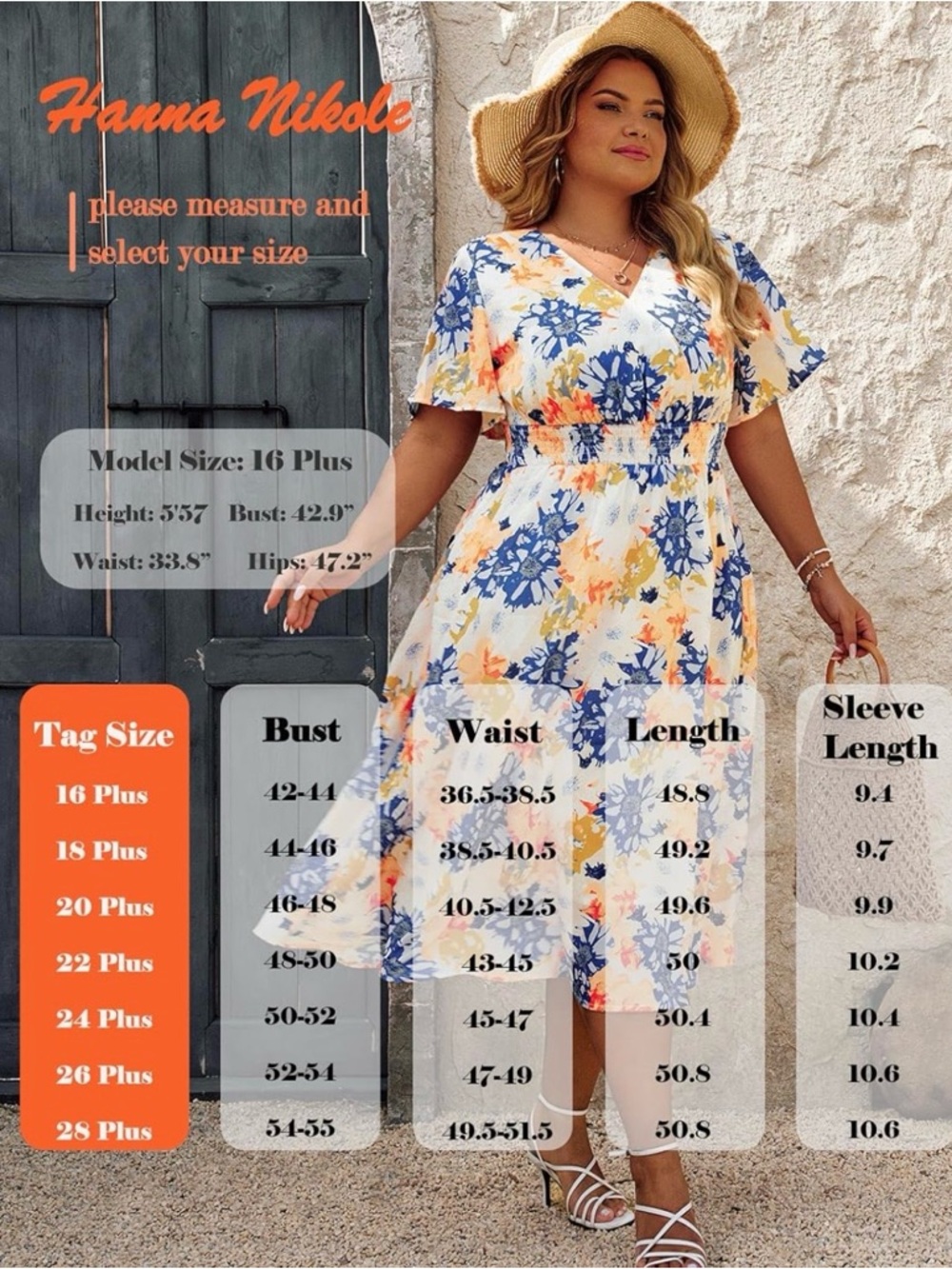 Hanna Nikole Floral V-Neck Midi Dress in White, Blue & Coral 16W - Picture 10 of 12